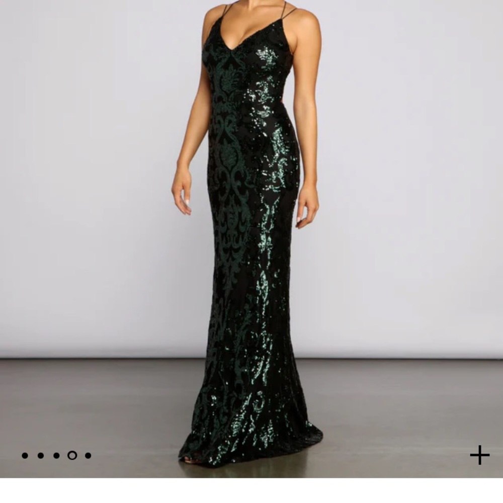 Windsor Lila Open Back Mermaid dress. Black with green sequins.